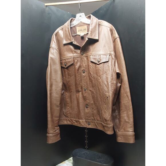 Men's  Y2K Vintage Brown Leather Trucker Bomber Jacket Sz  XXL Gap Blue Jean Tag - Picture 1 of 6